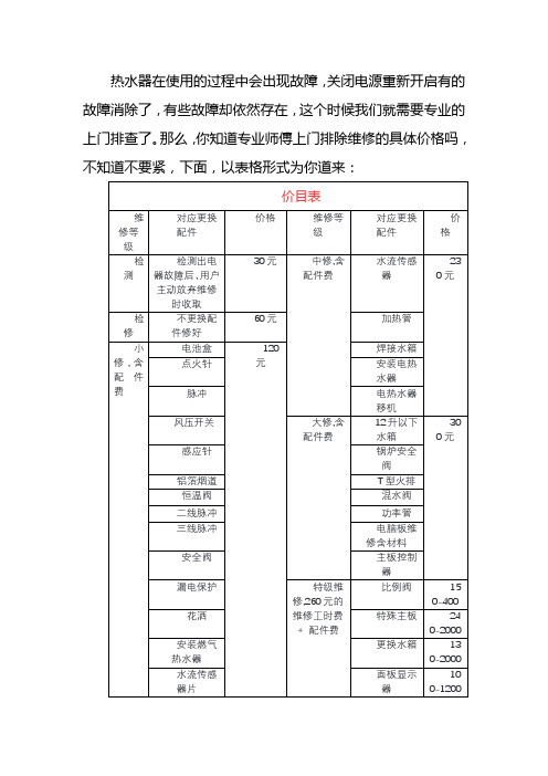 热水器的维修价目表