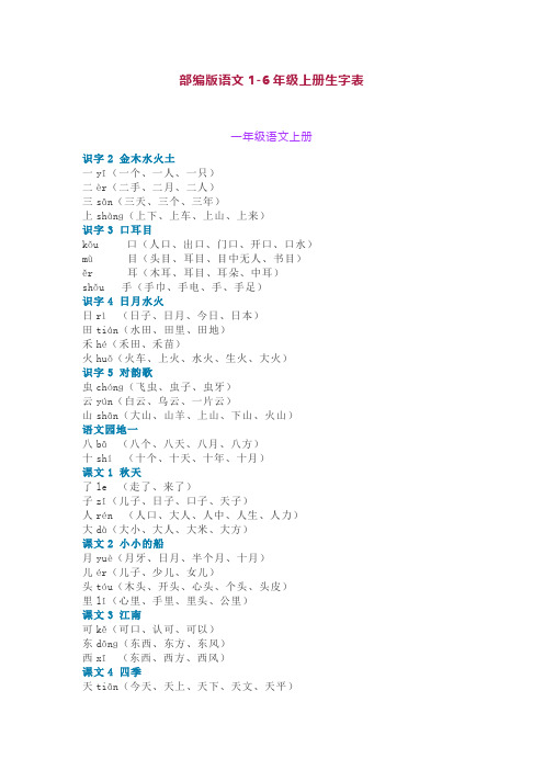 部编版语文1-6年级上册生字表