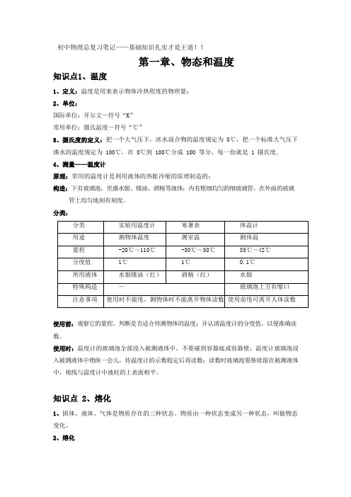 初中物理总复习笔记