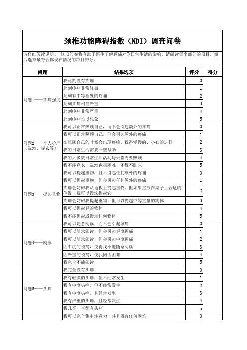 NDI 颈椎功能障碍指数