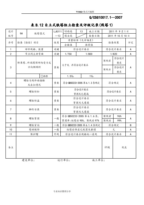 表B.12自立式铁塔组立检查和评级记录文本(线塔1)