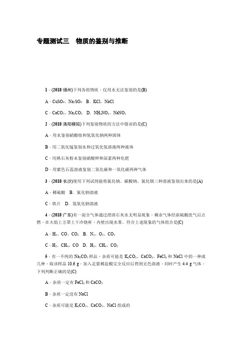2019年中考化学专题复习卷 专题测试三 物质的鉴别与推断