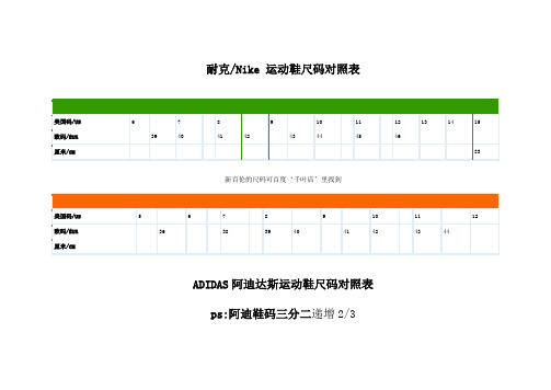 知名运动鞋尺码对照表