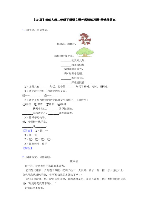 【10篇】部编人教二年级下册语文课外阅读练习题-精选及答案