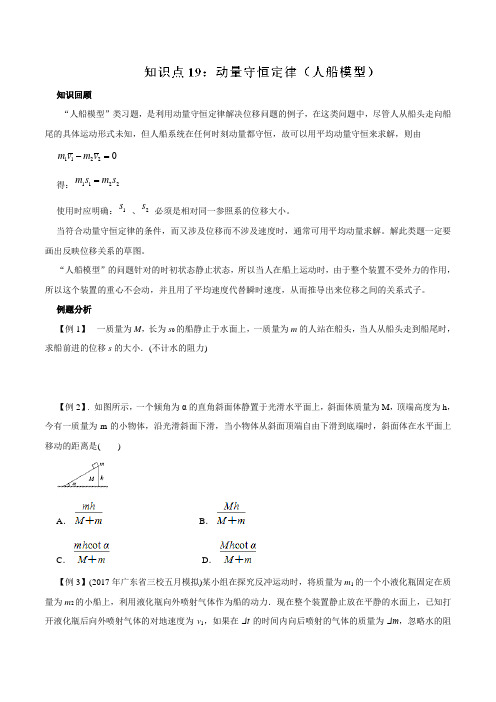 专题19 动量守恒定律(人船模型)-2019高考物理一轮复习专题详解(原卷版)