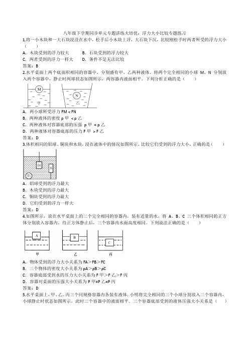 2019-2020人教版八年级下学期同步单元专题讲练大培优：浮力大小比较专题练习