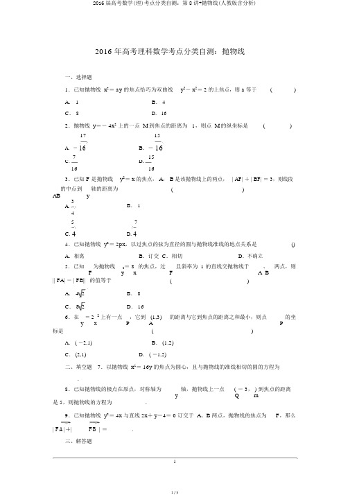 2016届高考数学(理)考点分类自测：第8讲+抛物线(人教版含解析)