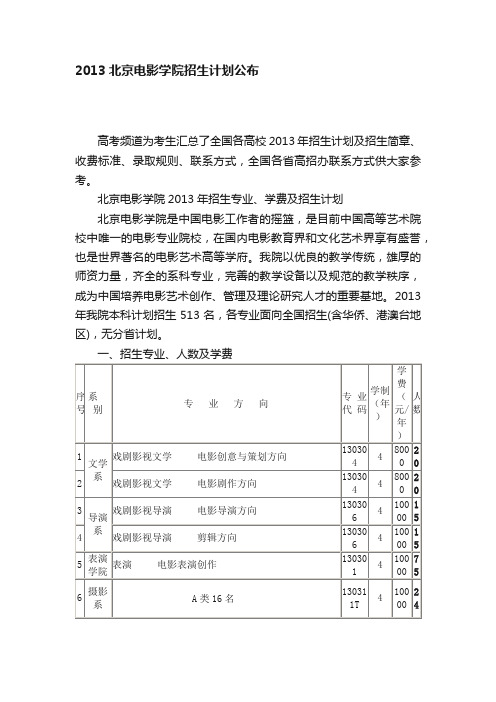 2013北京电影学院招生计划公布