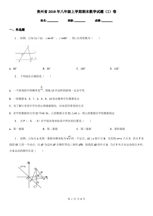 贵州省2019年八年级上学期期末数学试题(I)卷