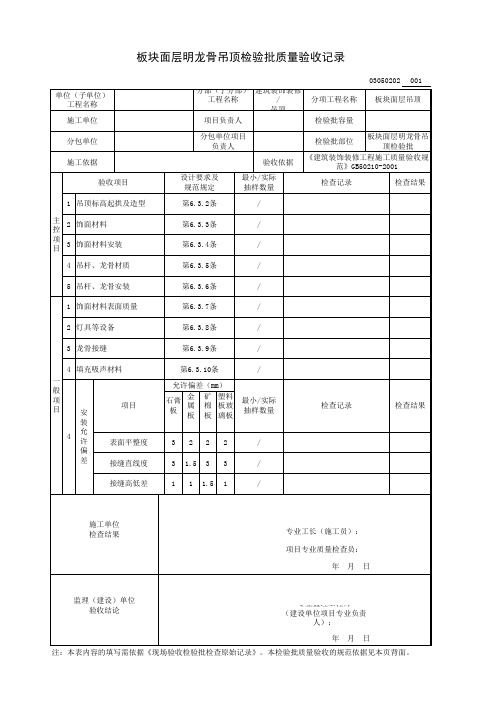 板块面层明龙骨吊顶检验批质量验收记录