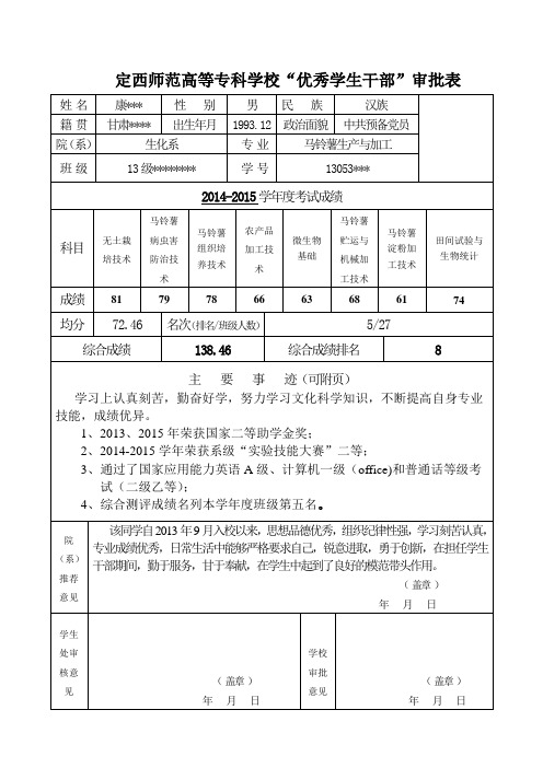 “优秀学生干部”审批表