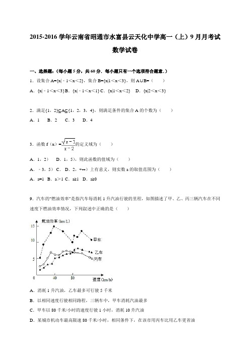 云南省水富县云天化中学高一(上)9月月考试数学试卷