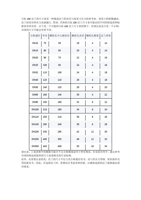 日标10k法兰对照表尺寸表