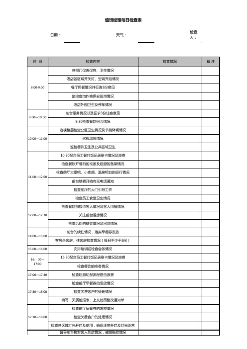 【模板】酒店值班经理每日检查表