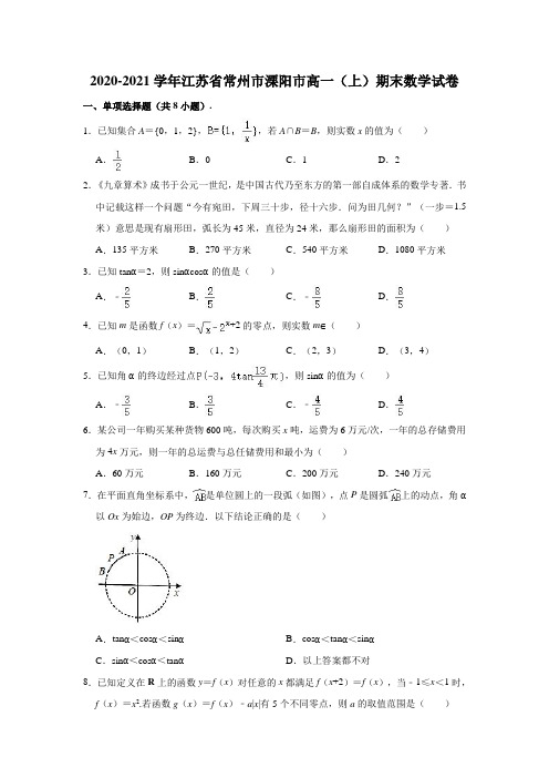 2020-2021学年江苏省常州市溧阳市高一(上)期末数学试卷 (解析版)