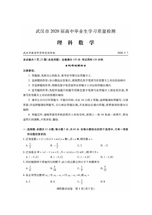 湖北省武汉市高2020届高三3月份质检理数试题及答案