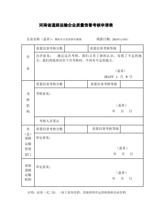 道路运输企业质量信誉考核申请表