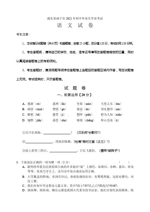 2021年湖北省咸宁市中考语文试题(含答案)