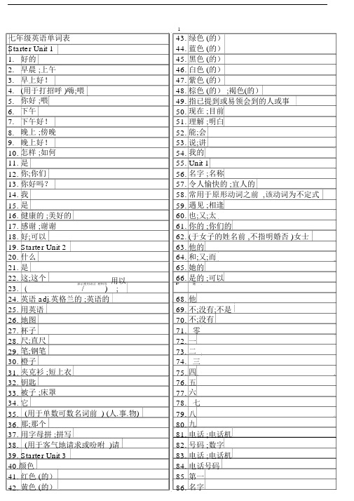 (完整word版)人教版七年级上册英语单词表汉字.docx