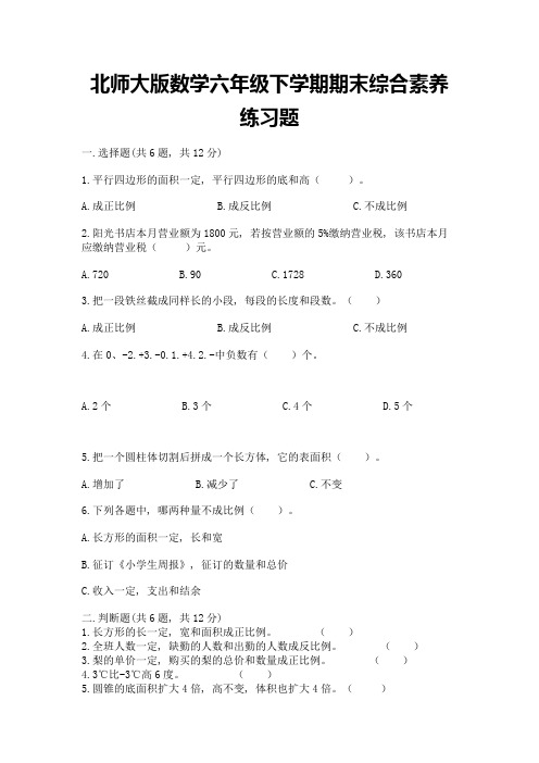 北师大版数学六年级下学期期末综合素养练习题及参考答案【轻巧夺冠】