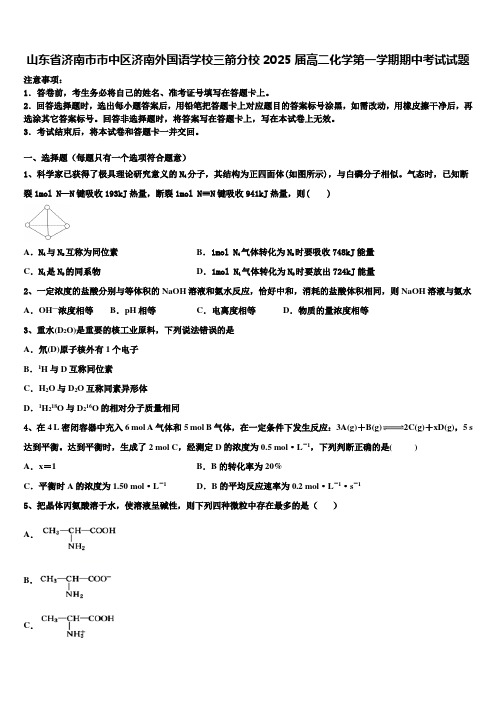 山东省济南市市中区济南外国语学校三箭分校2025届高二化学第一学期期中考试试题含解析