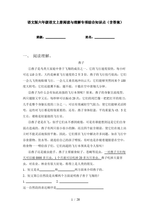 语文版六年级语文上册阅读与理解专项综合知识点(含答案)