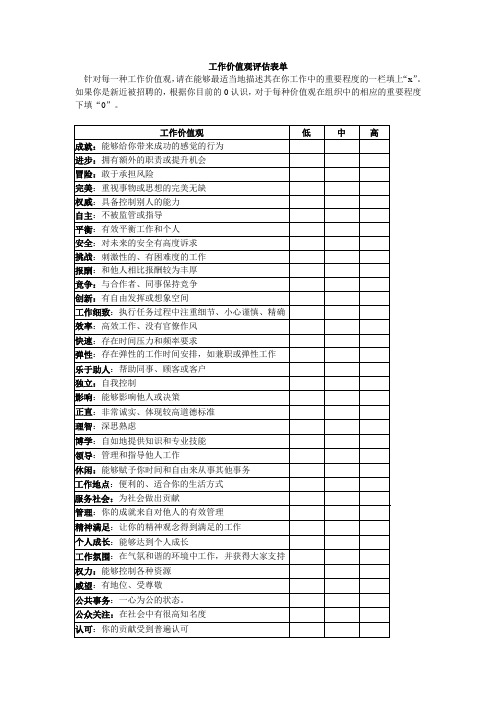 工作价值观评估表单.