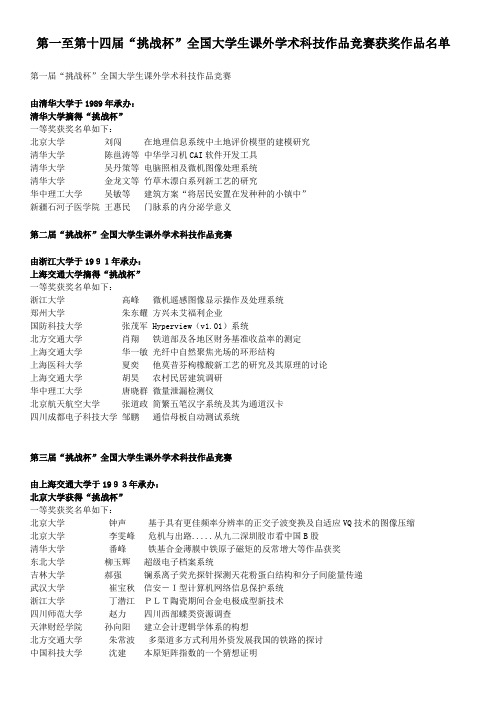 第1-14届“挑战杯”全国大学生课外学术科技作品竞赛特等奖及一等奖作品名单