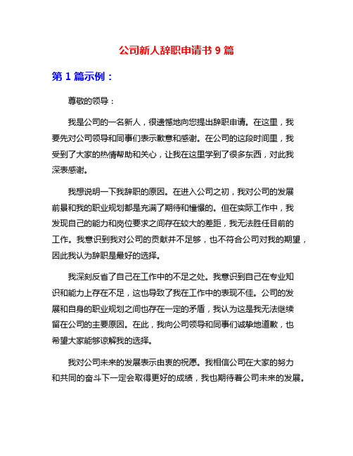 公司新人辞职申请书9篇