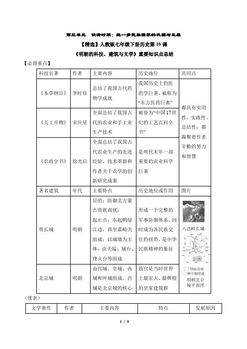 【精选】人教版七年级下册历史第16课《明朝的科技、建筑与文学》重要知识点总结