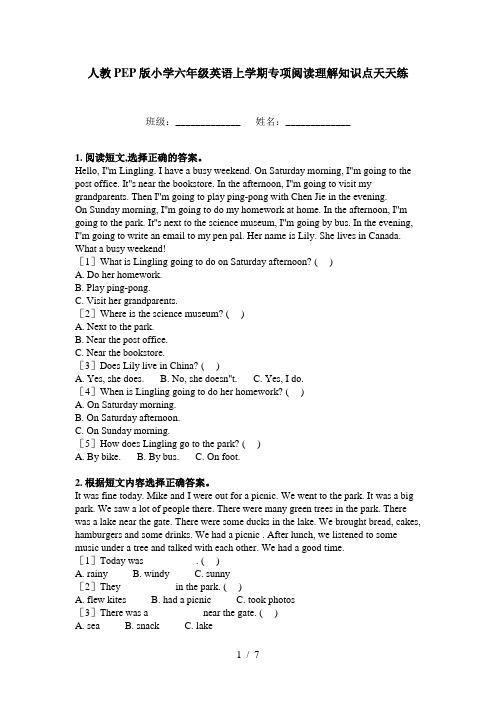 人教PEP版小学六年级英语上学期专项阅读理解知识点天天练