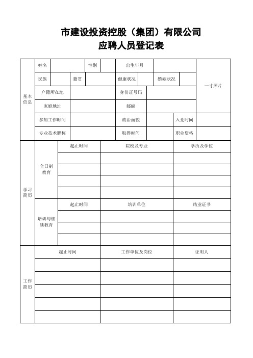 城市建设投资控股集团有限公司应聘人员登记表