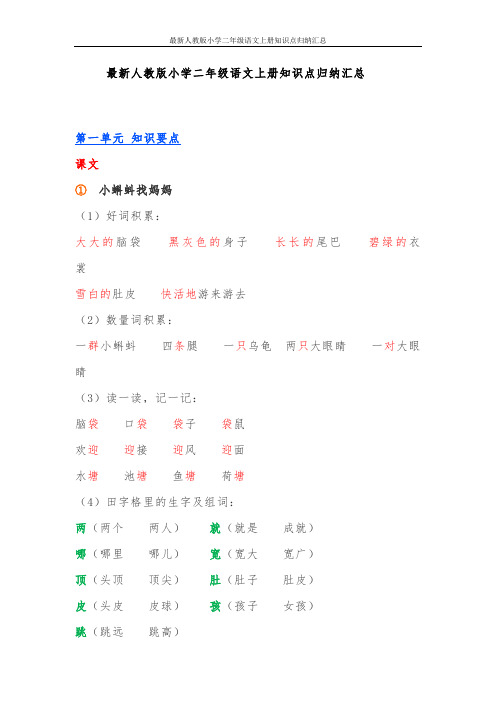 最新人教版小学二年级语文上册知识点归纳汇总