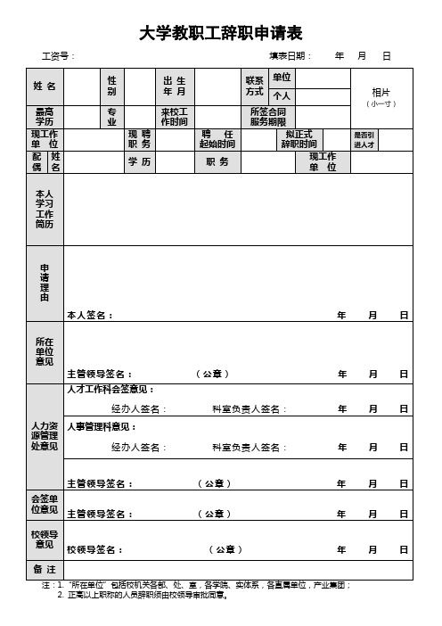 大学教职工辞职申请表