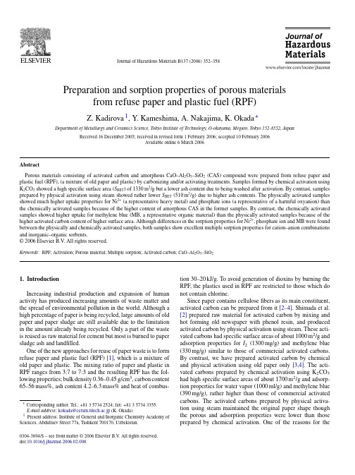 Preparation and sorption properties of porous materials from refuse paper and plastic fuel (RPF)