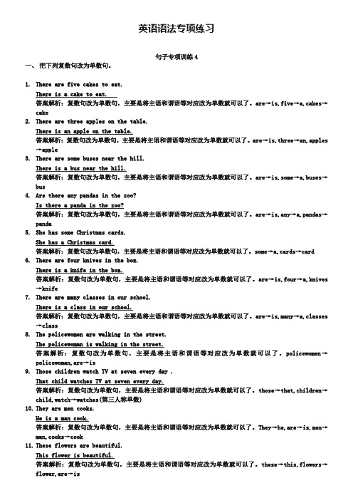 小升初英语语法专项提高训练：句子专项(复数句改为单数句)1(含答案解析)