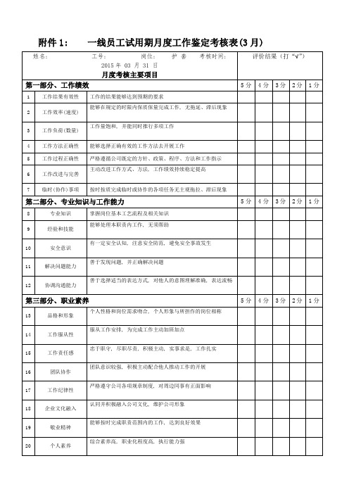 一线员工试用期工作鉴定考核表