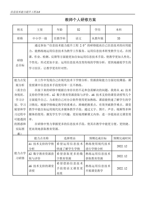 教师个人研修方案(信息技术能力提升工程2.0)