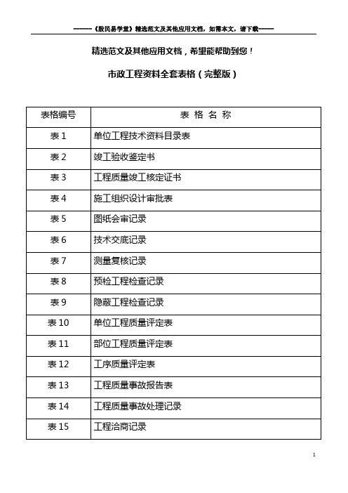 市政工程资料全套表格(完整版)