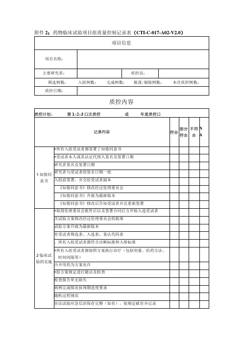 药物临床试验项目组质量控制记录表CTI-C-017-A02-V0项目信息质控内容