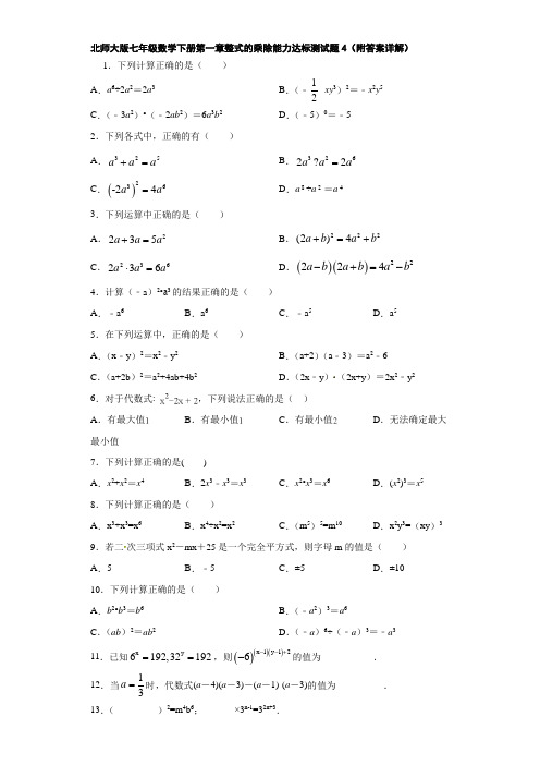 北师大版七年级数学下册第一章整式的乘除能力达标测试题4(附答案详解)