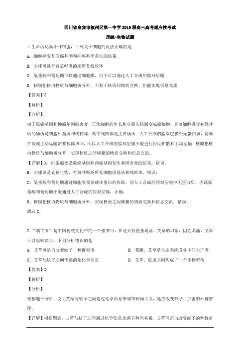 四川省宜宾市叙州区第一中学2019届高三高考适应性考试理综-生物试题 含解析