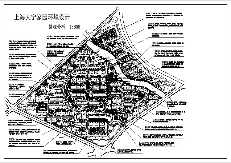 某高档小区花园园林环境设计cad总平面景观分析图纸（标注详细）