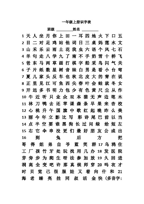 一年级上册识字表(300)