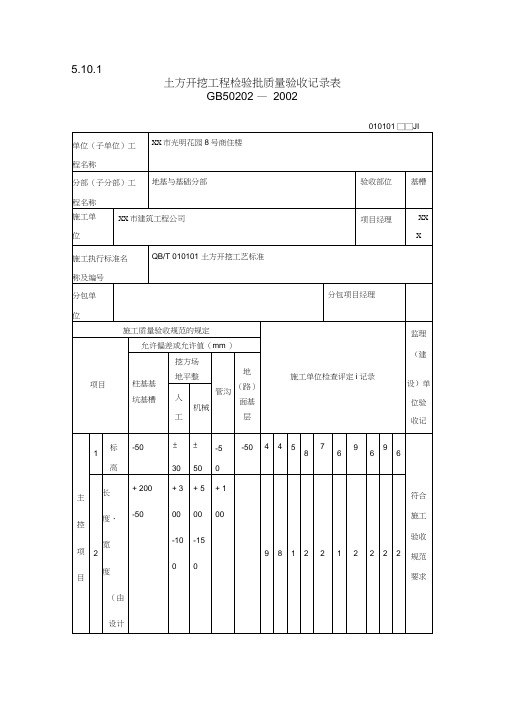 土方开挖工程检验批填写范例