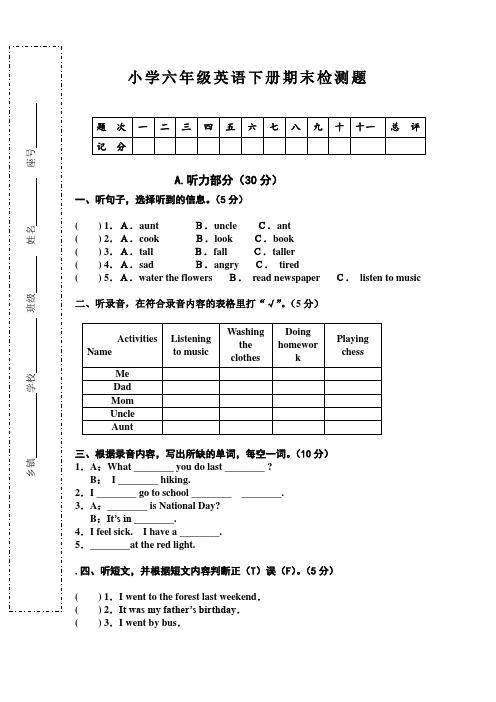 2019-2020学年人教PEP版六年级英语下学期期末检测卷(含答案)