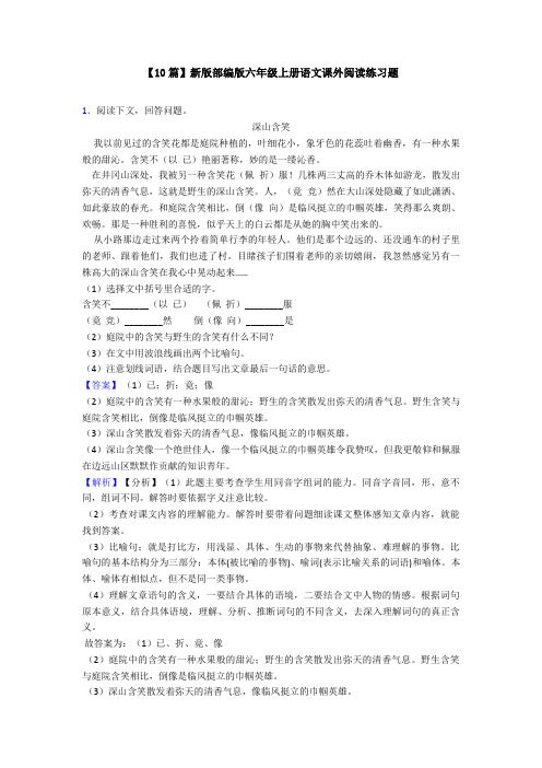 【10篇】新版部编版六年级上册语文课外阅读练习题