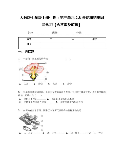 人教版七年级上册生物：第三单元2.3 开花和结果同步练习【含答案及解析】