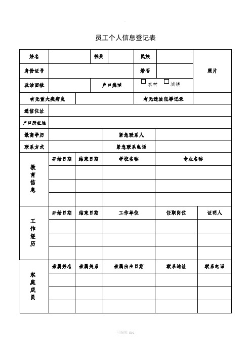 员工个人信息登记表格模板