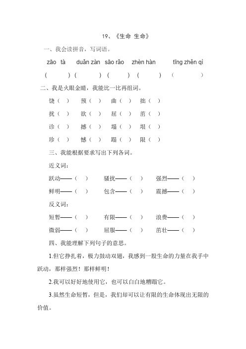 人教版四年级语文下册19、生命生命(练习题)、部编一上语文拼音口试练习